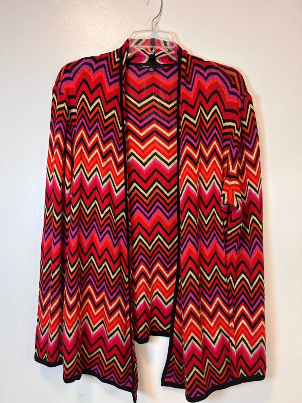 CHAUS Open Front Cardigan in Red, Pink & Black‎ Chevron Pattern Women’s XL